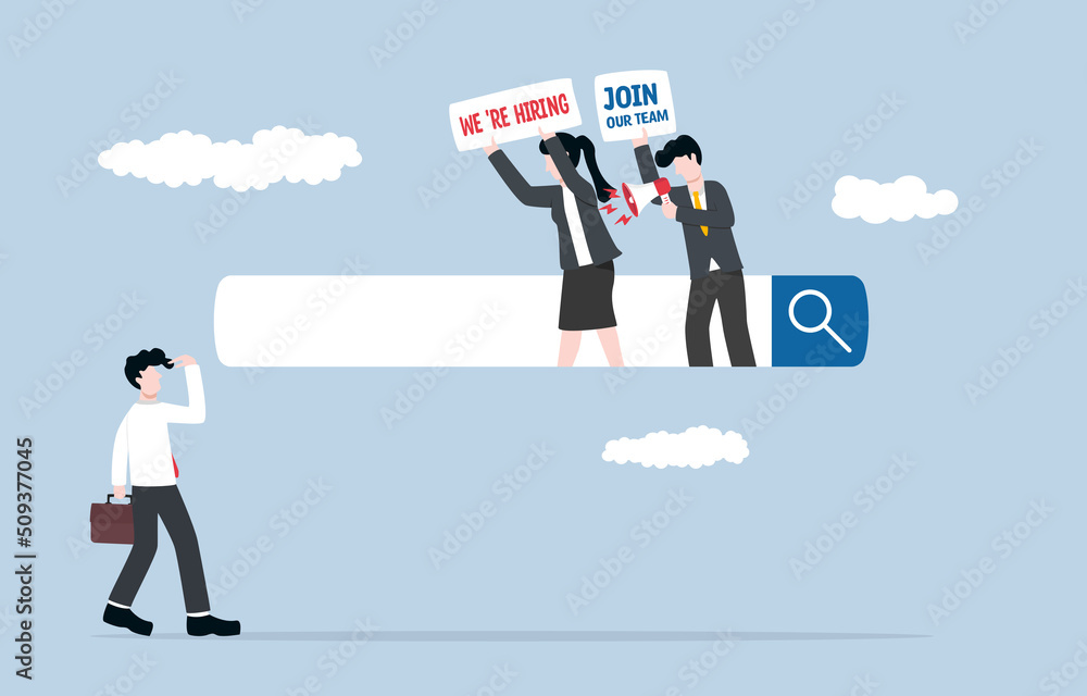 Searching for new job, employment, vacancy for progress in life, career opportunity from leading company concept. Businessman looking to hr team coming out of search bar to announce new hiring. Searching for new job, employment, vacancy for progress in life, career opportunity from leading company concept. Businessman looking to hr team coming out of search bar to announce new hiring.