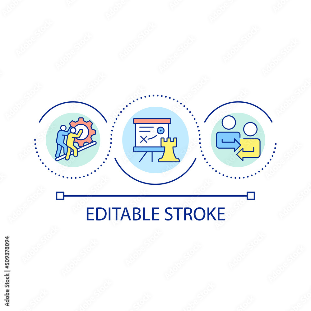 Coordination among team members loop concept icon. Teamwork impact on productivity abstract idea thin line illustration. Employee engagement. Isolated outline drawing. Editable stroke. Arial font used Coordination among team members loop concept icon. Teamwork impact on productivity abstract idea thin line illustration. Employee engagement. Isolated outline drawing. Editable stroke. Arial font used