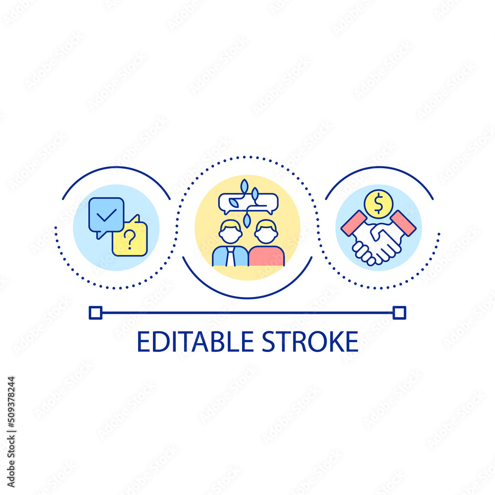 Achieving effective communication loop concept icon. Collaborative environment abstract idea thin line illustration. Reaching agreement. Isolated outline drawing. Editable stroke. Arial font used Achieving effective communication loop concept icon. Collaborative environment abstract idea thin line illustration. Reaching agreement. Isolated outline drawing. Editable stroke. Arial font used