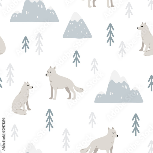 Seamless pattern with wolves  mountains and forest. Hand drawn childish background with wild animals in the wood. Endless baby texture for wallpaper  textile and prints. Vector illustration