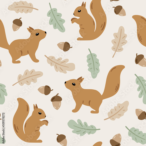 Seamless pattern with charming squirrels and acorns. Hand drawn childish background with forest animals. Endless baby texture for wallpaper  textile and prints. Cute vector illustration