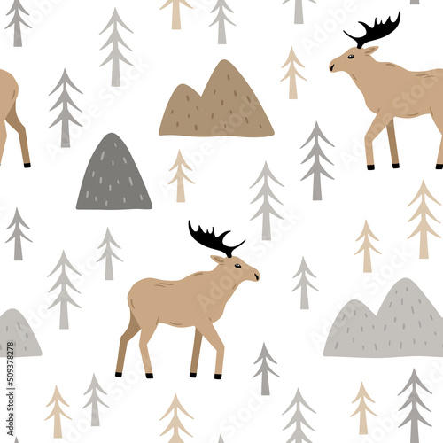 Seamless pattern with moose  forest and mountains. Hand drawn kids scandinavian background with wild animal in the wood. Endless baby texture for wallpaper  textile and prints. Vector illustration