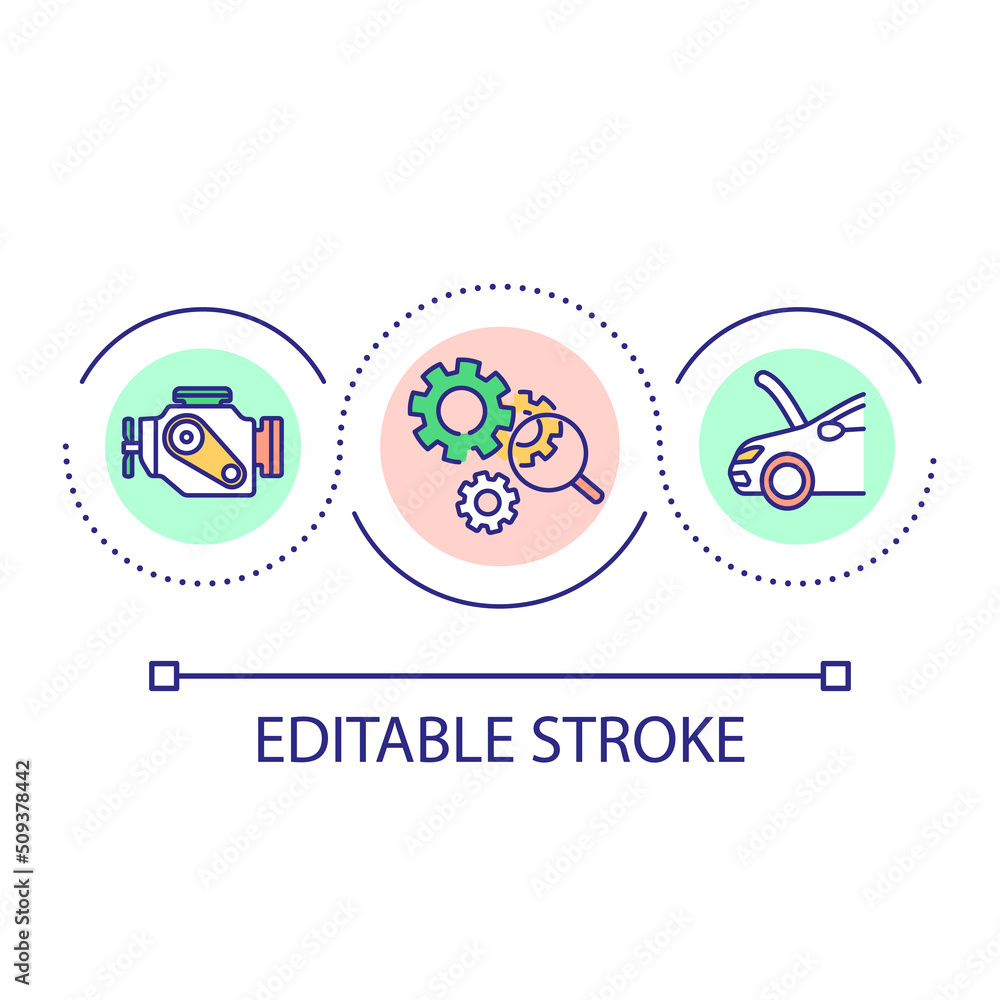 Vehicle inspection loop concept icon. Car travel preparation. Examine car before roadtrip abstract idea thin line illustration. Isolated outline drawing. Editable stroke. Arial font used Vehicle inspection loop concept icon. Car travel preparation. Examine car before roadtrip abstract idea thin line illustration. Isolated outline drawing. Editable stroke. Arial font used