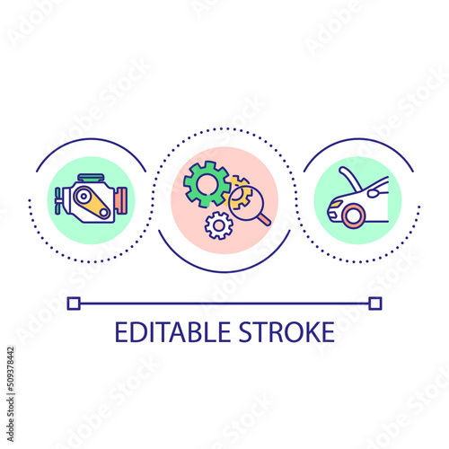 Vehicle inspection loop concept icon. Car travel preparation. Examine car before roadtrip abstract idea thin line illustration. Isolated outline drawing. Editable stroke. Arial font used