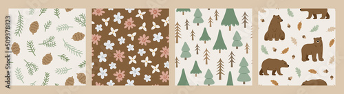 Set of hand drawn seamless patterns with forest animals and plants. Cute Scandinavian endless background with bear, pine tree, cone and flower. Childish texture for apparel, wallpaper and prints