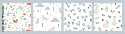 Set of hand drawn seamless patterns with forest animals and plants. Cute Scandinavian endless background with butterfly, wolf and rabbit. Childish texture for apparel, wallpaper and prints