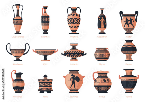 Antique vases and amphorae with traditional images and patterns. Archaeological and historical finds. Historical ceramic tableware. Utensils for holding liquids. Vector illustration
