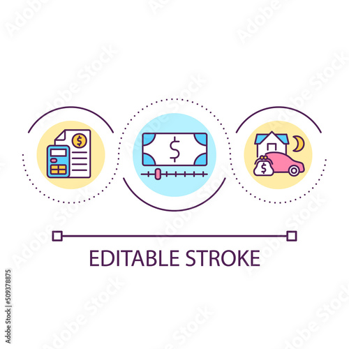 Roadtrip daily budget loop concept icon. Travel recommendation. Travel expenditures abstract idea thin line illustration. Isolated outline drawing. Editable stroke. Arial font used