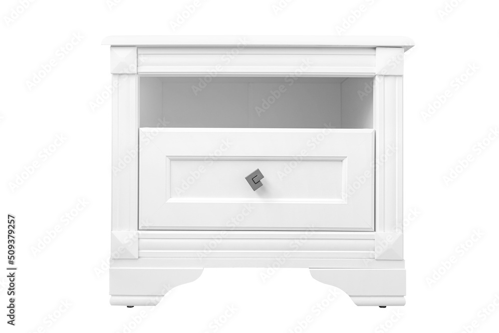 White chest of drawers on a white background. Nightstand. White chest of drawers on a white background. Nightstand.