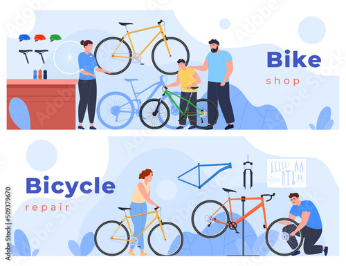 Sale of bicycles and bicycle shops. Bicycle repair and maintenance. Two-wheeled transport. Vector illustration