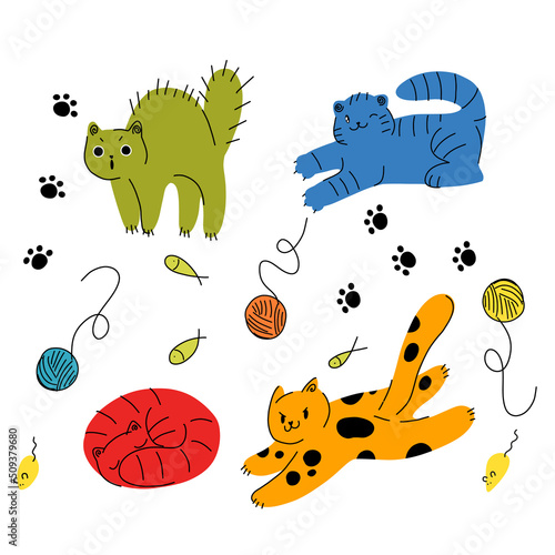 Cats. Cartoon cat set with different poses and emotions. Playing, sleeping, scared, playful pet. Cat face expressions. Kitty in simple cute style. vector illustration isolated.
