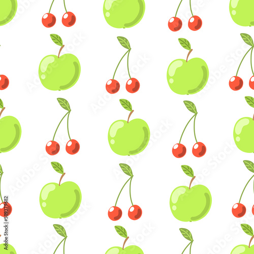 Apple cherry fruit seamless pattern. Fruit background. Vector cartoon organic illustration on a white background.