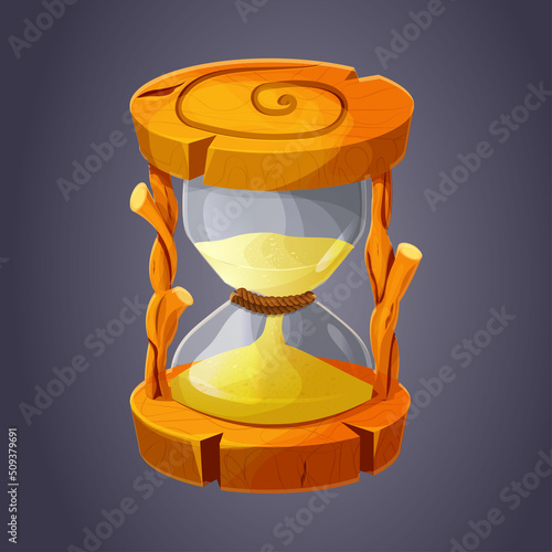 Wooden hourglass icon, asset with glass and sand, sand glass or stopwatch in cartoon style. Ui game decoration.
