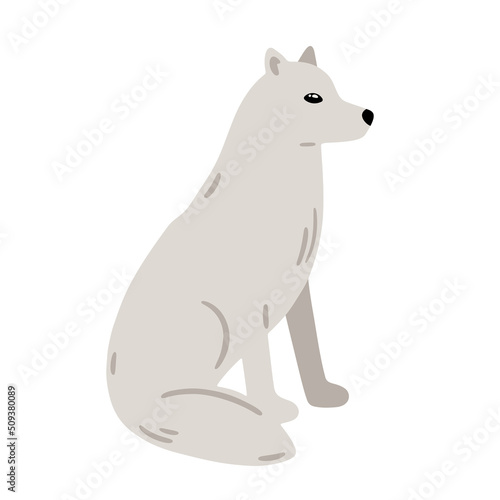 Hand drawn illustration with charming wolf. Cute forest character. Vector lovely wolf in flat style isolated on white background. Cartoon woodland creature. Childish colorful illustration