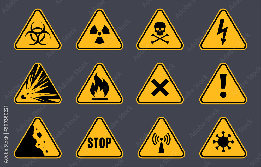 Danger signs that warn of possible danger to life and health. Yellow triangle warning of danger. Vector illustration Danger signs that warn of possible danger to life and health. Yellow triangle warning of danger. Vector illustration