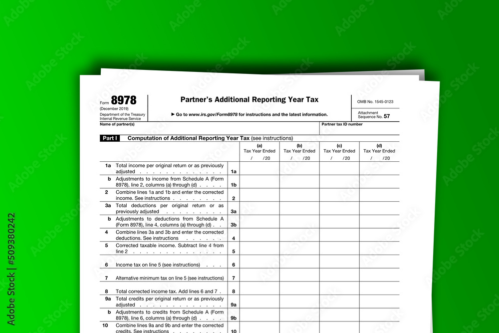 Fototapeta premium Form 8978 documentation published IRS USA 01.29.2020. American tax document on colored