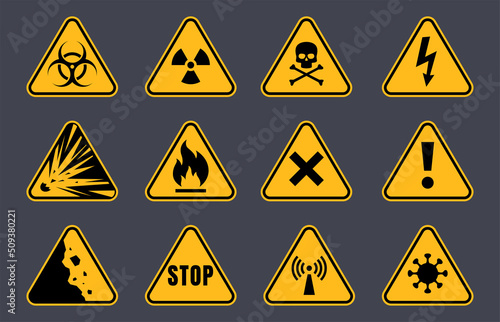 Danger signs that warn of possible danger to life and health. Yellow triangle warning of danger. Vector illustration
