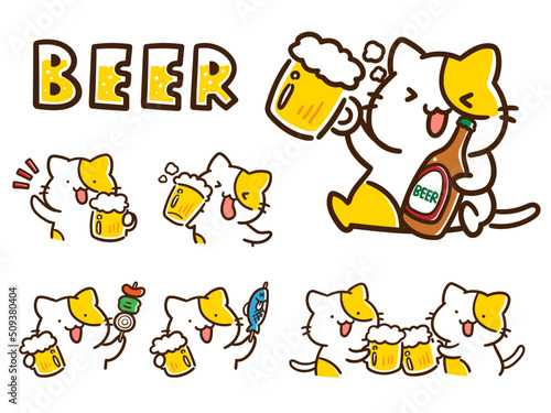 ビールを飲むかわいいねこのデフォルメイラストセット