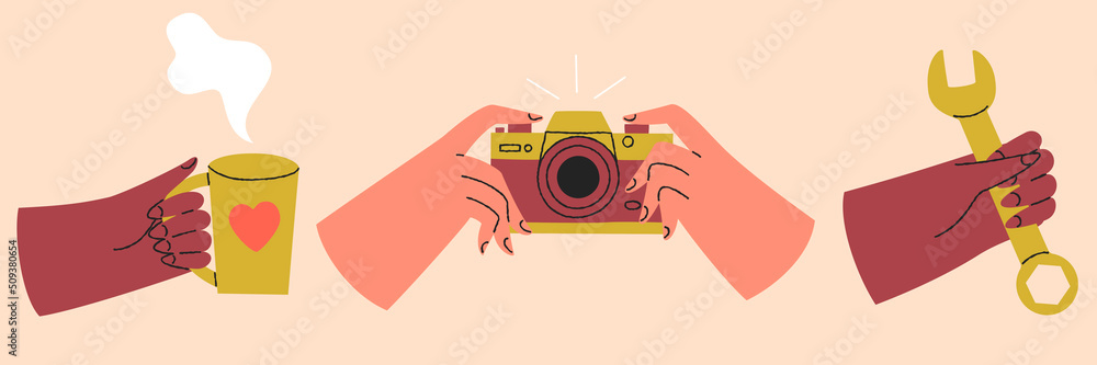 Fototapeta premium Set of colorful hands holding different objects. Different gestures. Hands with cup, camera, spanner. Colored flat graphic vector isolated illustration.