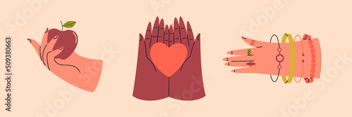 Set of colorful hands holding different objects. Different gestures. Hands with apple, heart, braslets. Colored flat graphic vector isolated illustration.