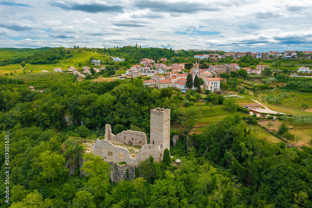 Aerial view of Momjan town and castle, Istra, Croatia