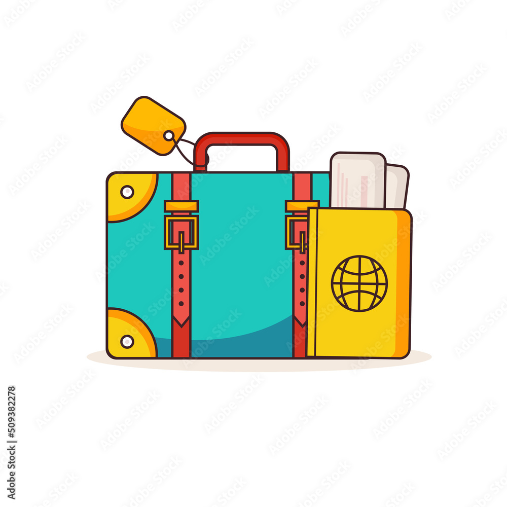 Bright travel luggage with passport and ticket. Isolated on a white background. Vector illustration. Bright travel luggage with passport and ticket. Isolated on a white background. Vector illustration.