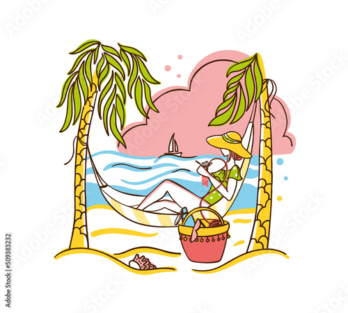 Pretty girl lies in a hammock on an exotic beach and knits a crochet. Summer and relax. Summer knitting. World Wide Knit in Public Day.  Vector illustration.
