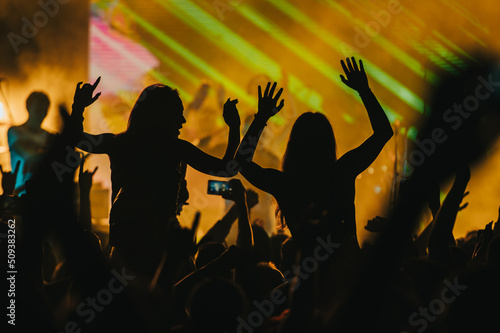 Two woman in the crowd at a music festival