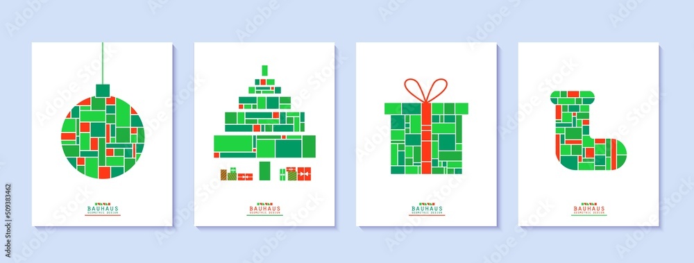 Set of Christmas posters in bauhaus style. New year cards collection in red and green colour geometric shapes. Bright Christmas tree, ball, gift box and sock with mosaic grid. Vector retro flyers