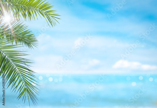 Fototapeta Naklejka Na Ścianę i Meble -  Summer vacation or holiday background. Tropical beach, blue sea, sun and palm leaves. Copy space