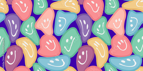 Illustration of a seamless groovy and trippy pattern. Deformed smiles in vintage style.