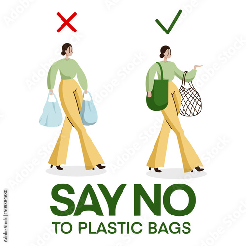 say no to plastic bags slogan. The girl refuses to take plastic bags and leads uses eco-friendly bags. Vector illustration isolated on white background