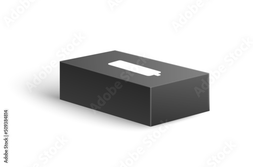 Closed black napkins box from angle view, realistic 3d vector illustration isolated on white background.