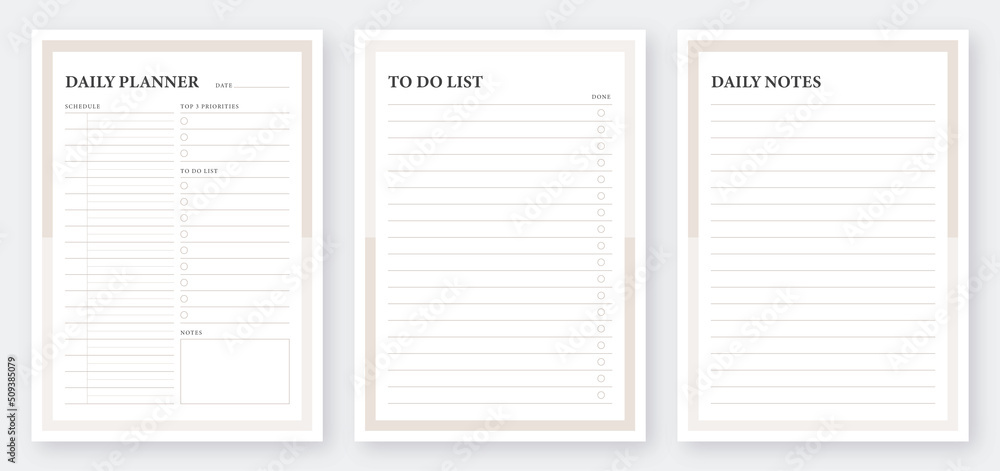 Daily planner printable template. Notebook pages. Life and business planner. Daily planner with To Do List. Daily planner template design set. Minimalist planner pages template.  - obrazy, fototapety, plakaty 