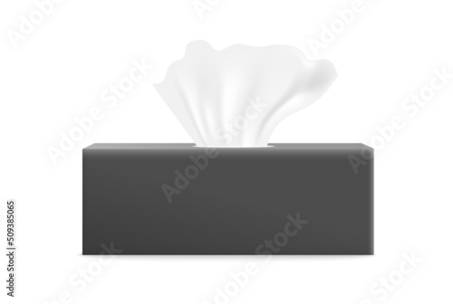 Side view of rectangular cardboard box with paper napkins inside, 3d vector illustration isolated on white background.