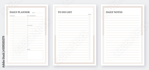Daily planner printable template. Notebook pages. Life and business planner. Daily planner with To Do List. Daily planner template design set. Minimalist planner pages template. 