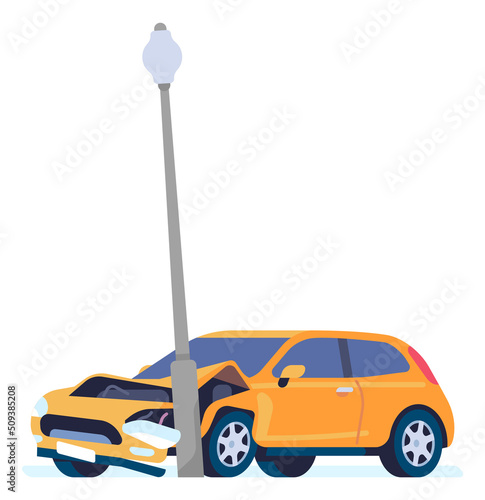 Car crashed into street light. Road accident damage