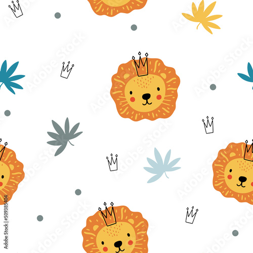 Seamless childish pattern with cute lion king, crowns, leaves. Creative scandinavian style kids texture for fabric, wrapping, textile, wallpaper, apparel. Vector illustration