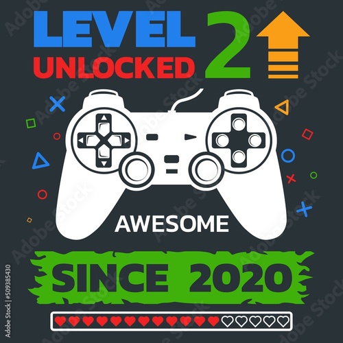 Birthday Boy Gamer Level 2 vector, Level 2 Unlocked illustration