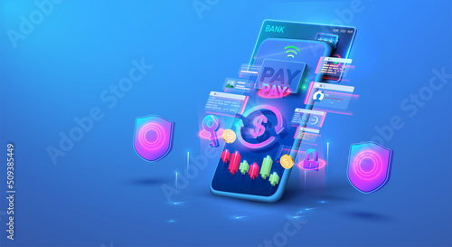 Smart wallet concept credit or debit card payment application on smartphone screen. Future blue smartphone payment technology. Online security. Exchange, purchase of currency and cryptocurrencies. 