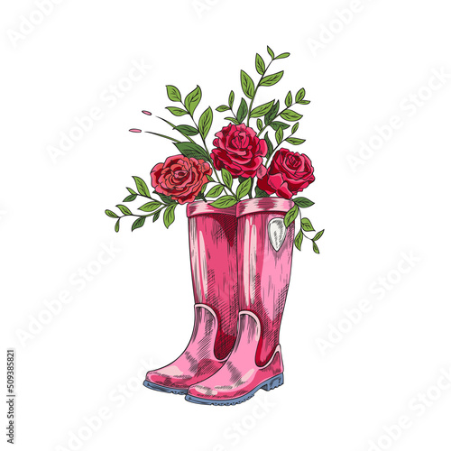 Pair of pink welly rubber boots with roses inside, sketch style