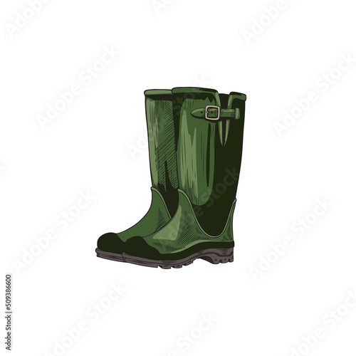 Pair of green welly rubber boots with black soles, vector illustration