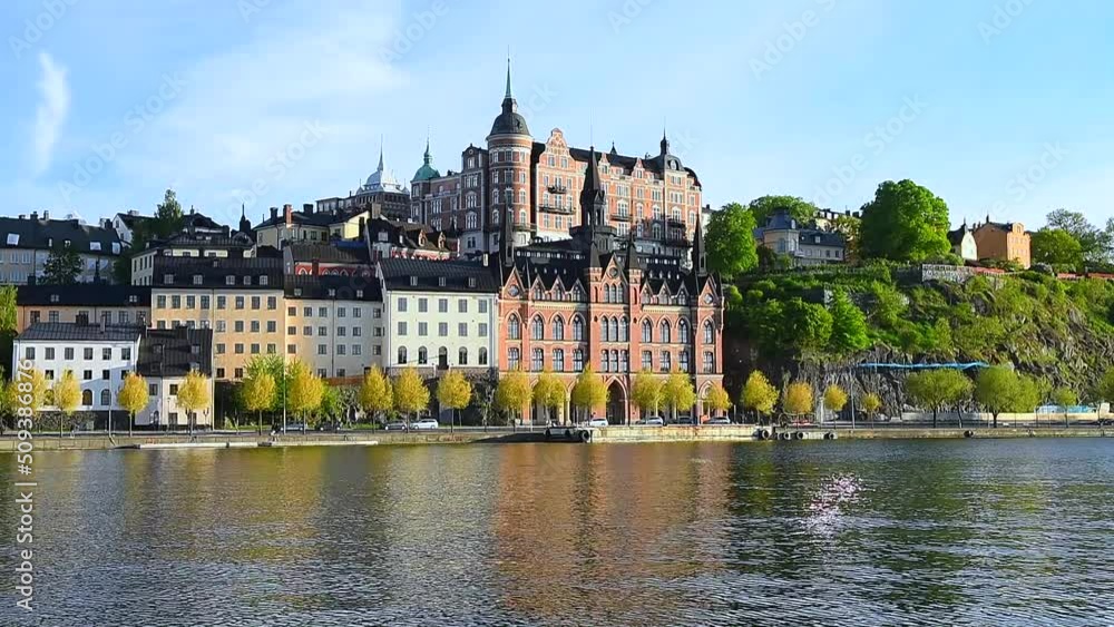 Stockholm, Sweden - June 7, 2022: Summer afternoon view of Soder Malarstrand waterfront located in the Södermalm District in Stockholm, Sweden. Stockholm, Sweden - June 7, 2022: Summer afternoon view of Soder Malarstrand waterfront located in the Södermalm District in Stockholm, Sweden.