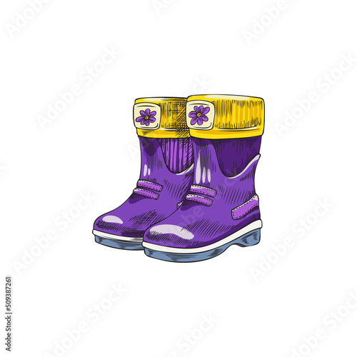 Kids waterproof wellies or rubber boots sketch vector illustration isolated.