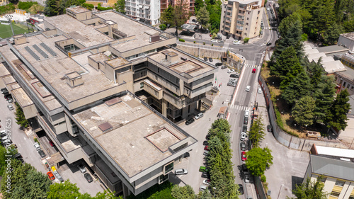 Aerial view of the Palace of Justice in Potenza, Italy. The building consists of a modern design building, in reinforced concrete and glass. The same hosts all the judicial offices and the Court.