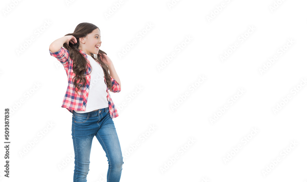 happy teen child with long hair in checkered shirt isolated on white background with copy space happy teen child with long hair in checkered shirt isolated on white background with copy space