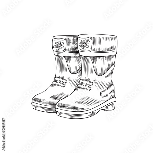 Waterproof wellington shoes for winter and autumn season, sketch vector isolated.