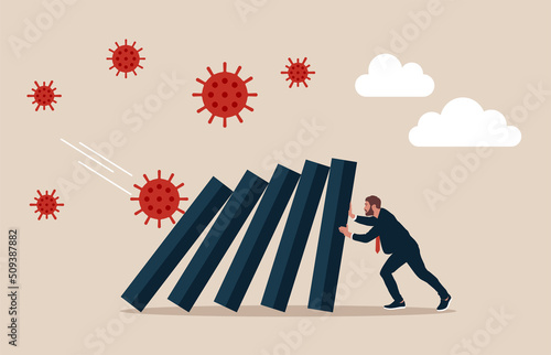 Entrepreneur help pushing bar graph falling in economic collapse from COVID-19 virus pathogen. COVID-19 Coronavirus outbreak financial crisis help policy and business to survive concept.