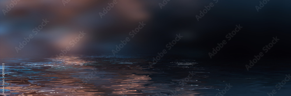 Obraz premium Dark neon abstract sunset, reflection of neon light in the water, waves. Fantastic sea night landscape. 3D illustration.