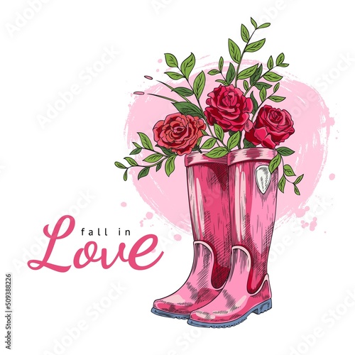 Cute poster with welly boots and rose flowers inside, fall in love text, sketch vector illustration on white.